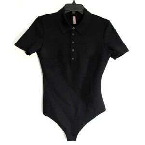 Commando Black One Piece Short Sleeve Snap Close Thong Polo Bodysuit Size M EUC